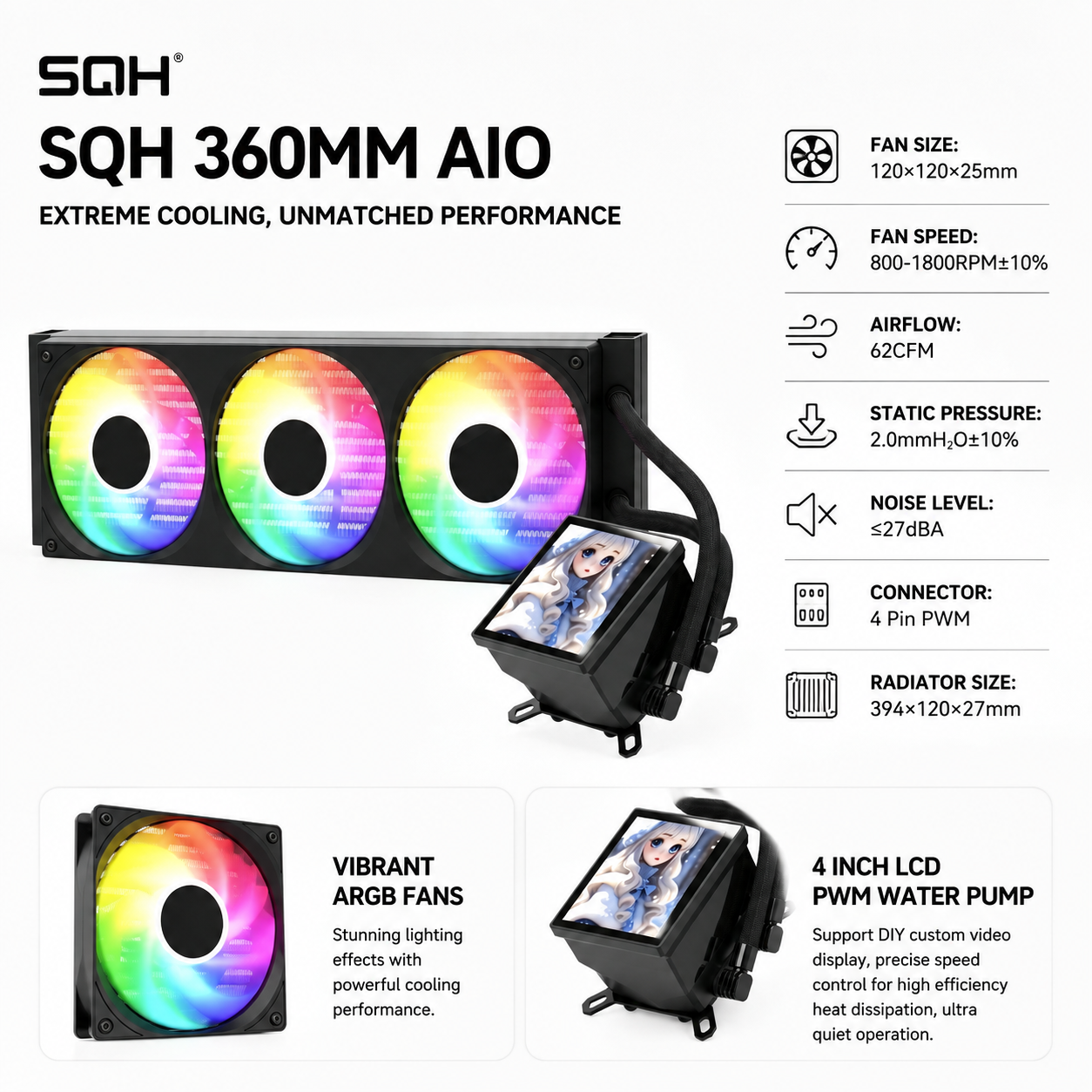 SQH-A02-360B AIO Water Cooler 360mm LCD 2