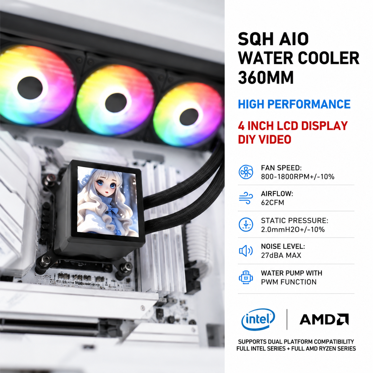 SQH-A02-360B AIO Water Cooler 360mm LCD 4